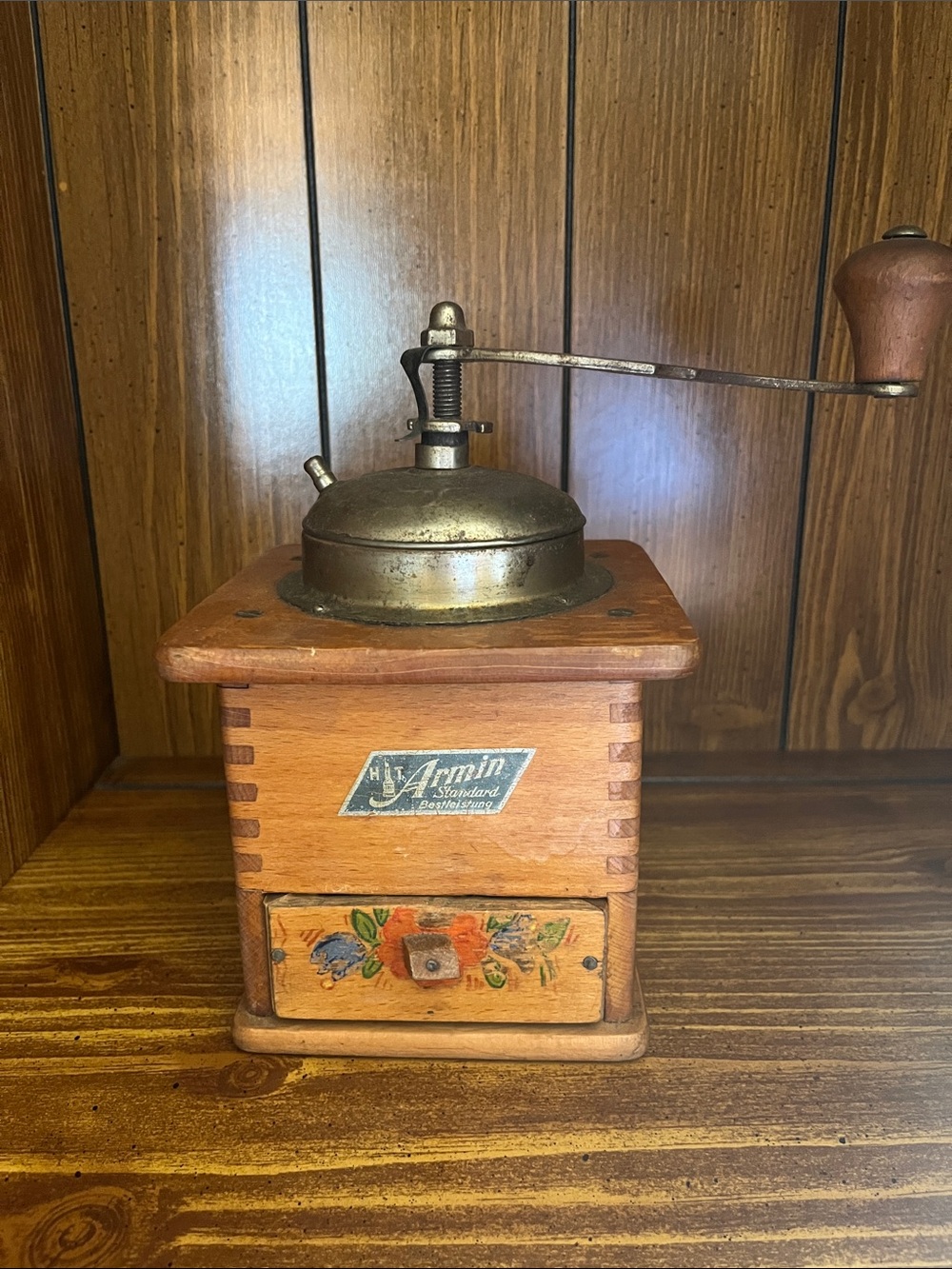 Vintage Wooden Hand Coffee Grinder with Brass Top and Floral Drawer